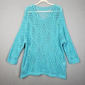 Diamond Knit V-Neck Tunic Sweater Aqua Blue See Thru Beach Layer Mermaidcore 2XL